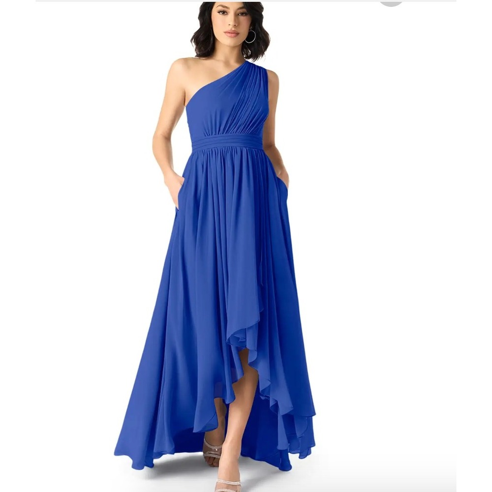 Azazie Mathilda One Shoulder High Low Chiffon Gown Royal Blue Women Size A10 NEW